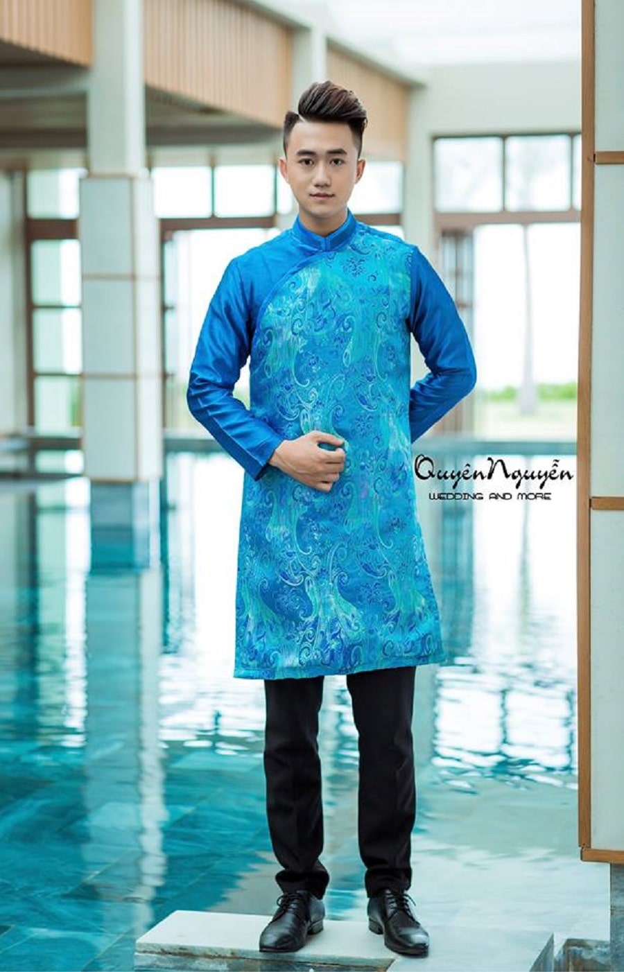 Áo dài cách tân bê tráp nam màu xanh dương