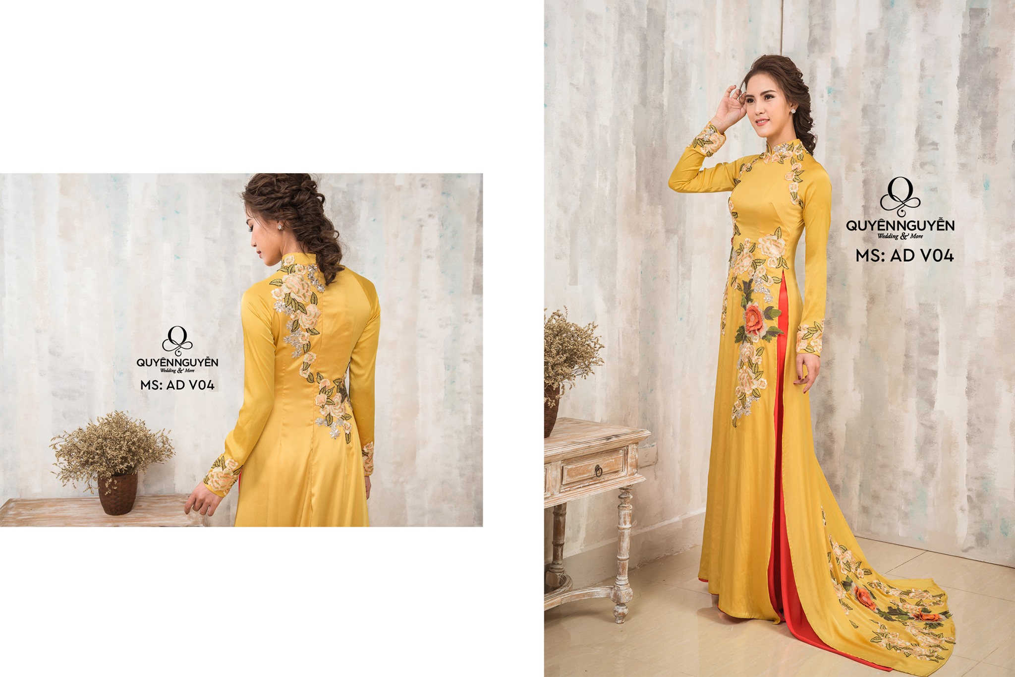 Áo dài cách tân lụa vàng thêu hoa leo ADV04