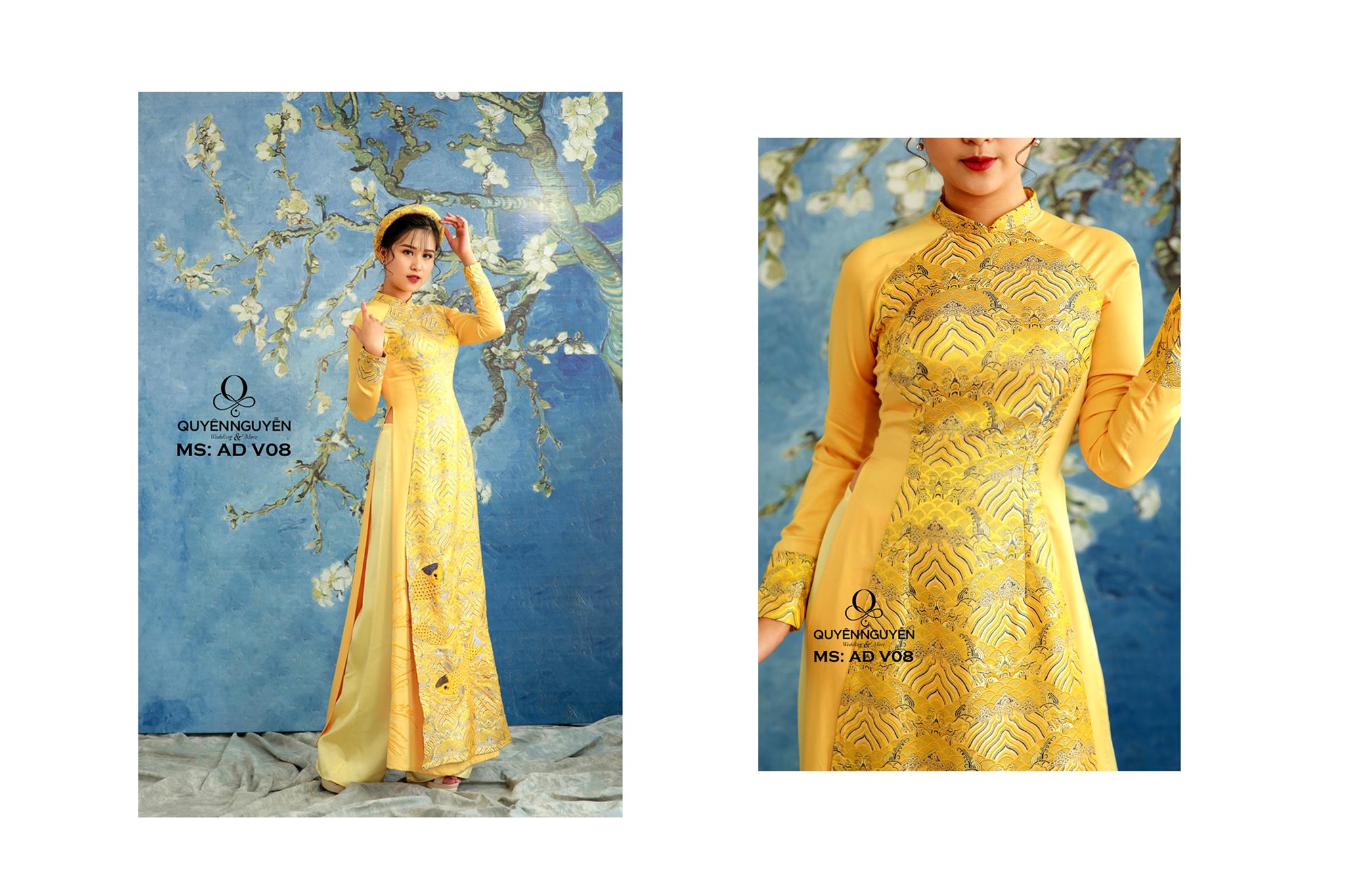 Áo dài cách tân gấm thêu cá chép vàng ADV08