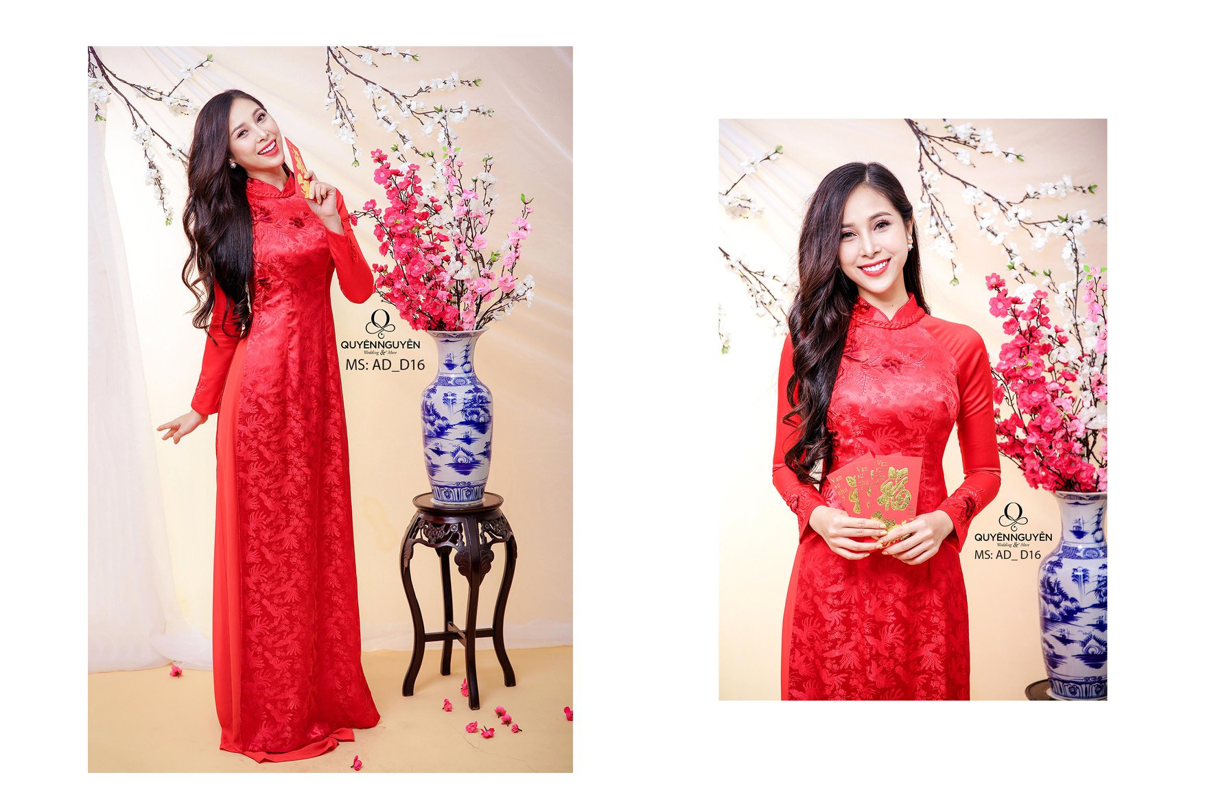 Áo dài cách tân đỏ gấm dệt hoa văn phượng chìm ADD16