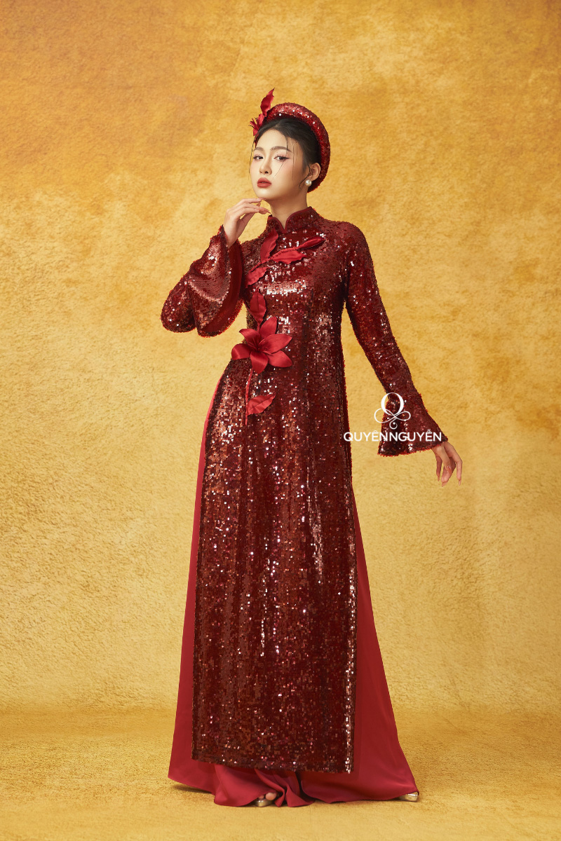 Áo dài kim sa đỏ - BST Áo dài thời trang Nguyệt Ngư